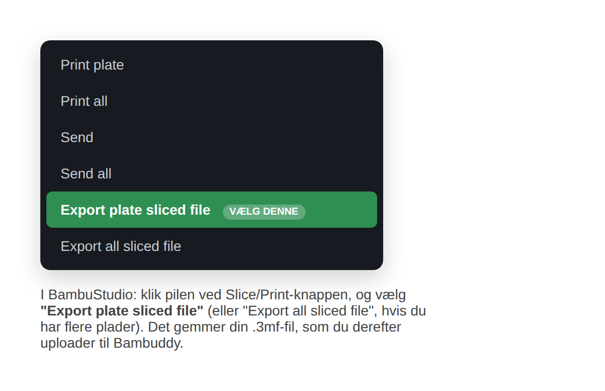 BambuStudios eksport-dropdown med 'Export plate sliced file' fremhævet