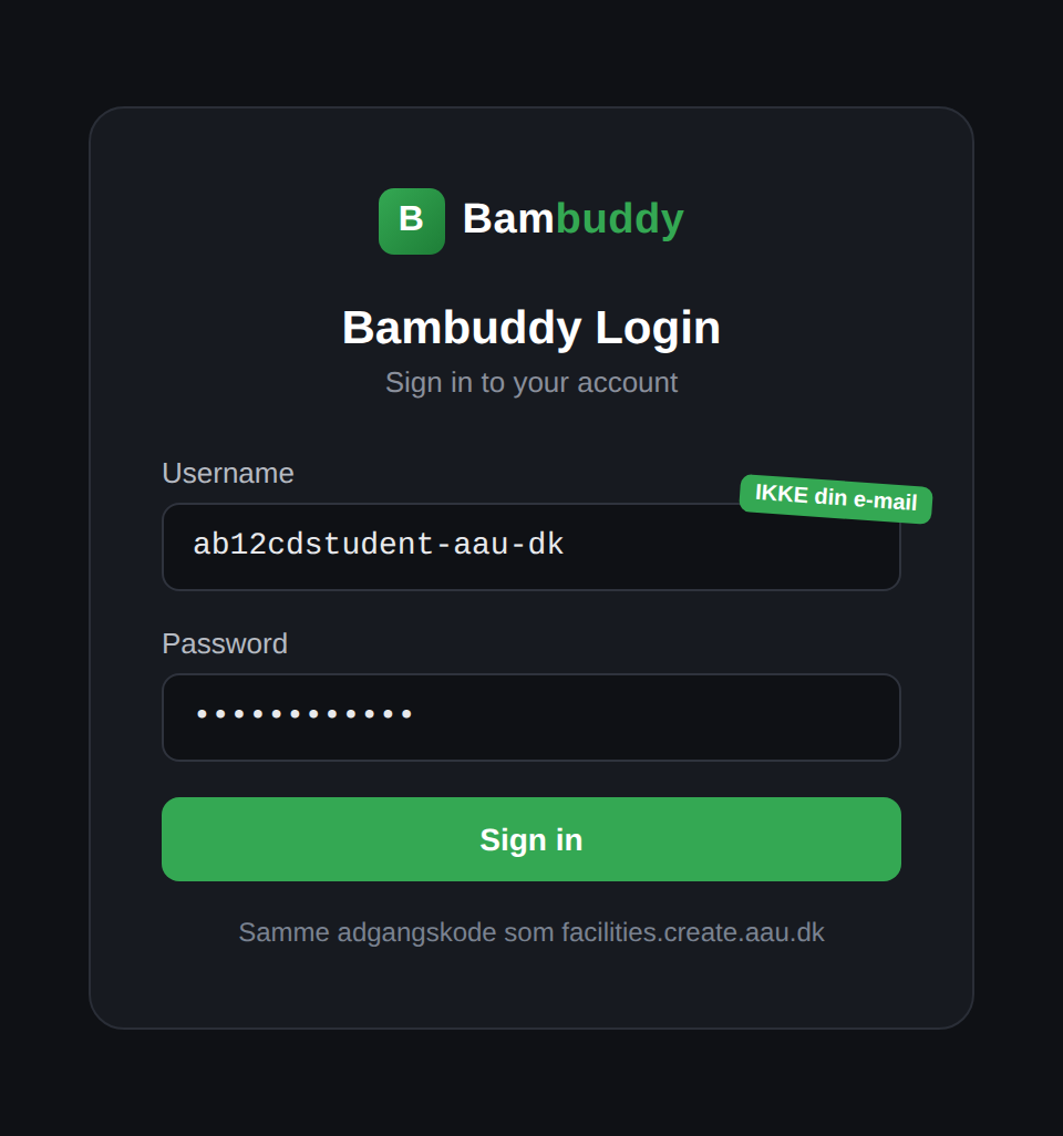 Eksempel på Bambuddy login-side