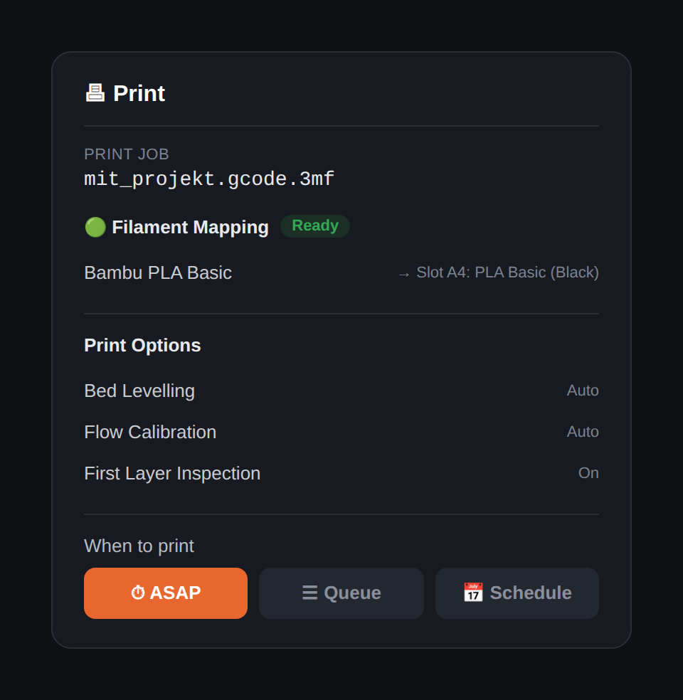 Print-dialogen med Filament Mapping og ASAP-knap